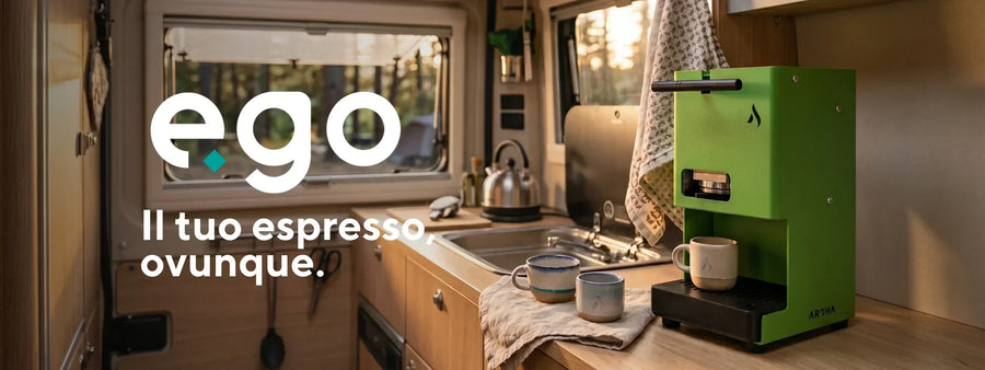 ESE coffee machine on the bench of a caravan