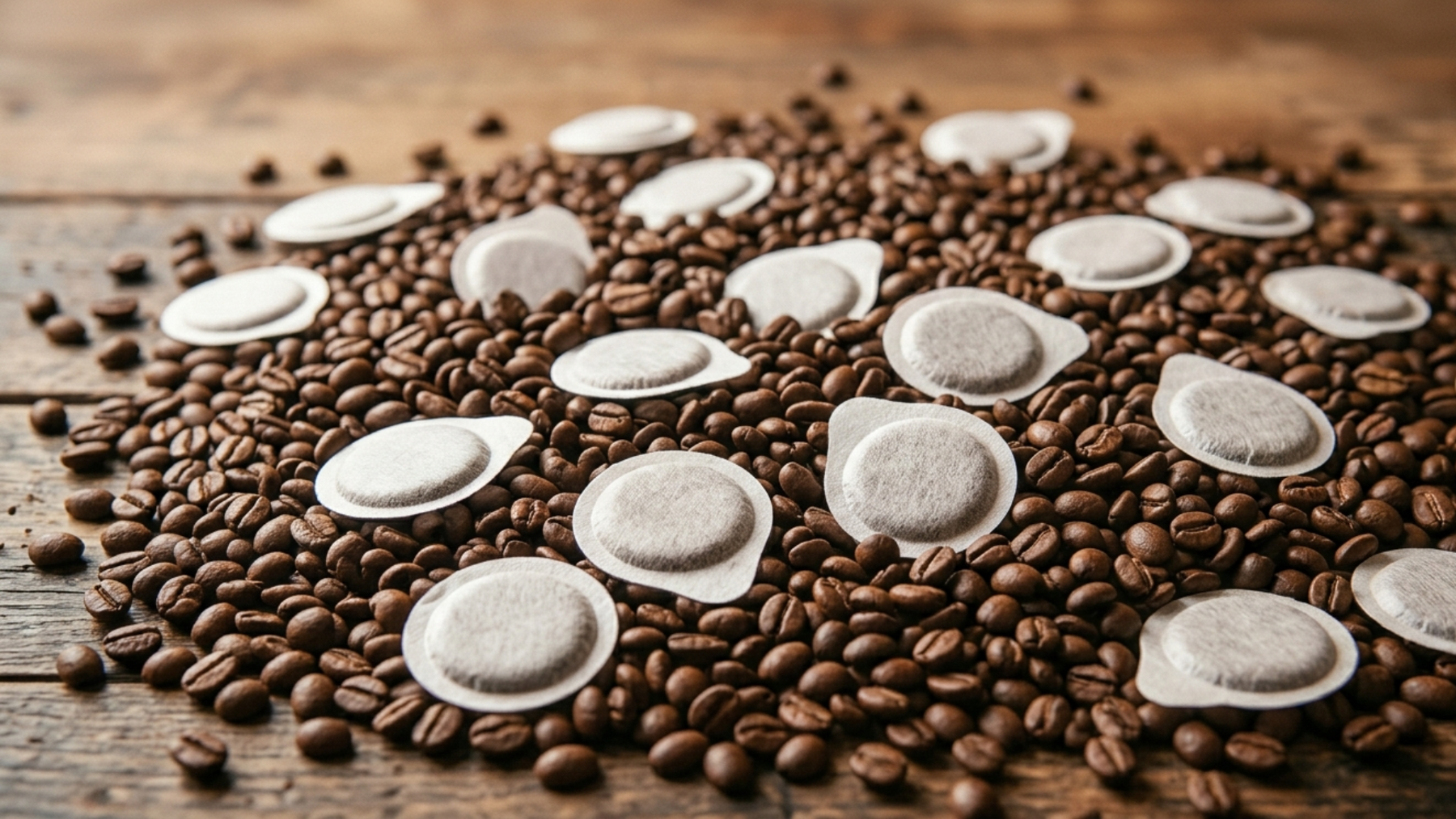 A pile of coffee beans on a wooden table top, with ese paper pods strewn around the beans