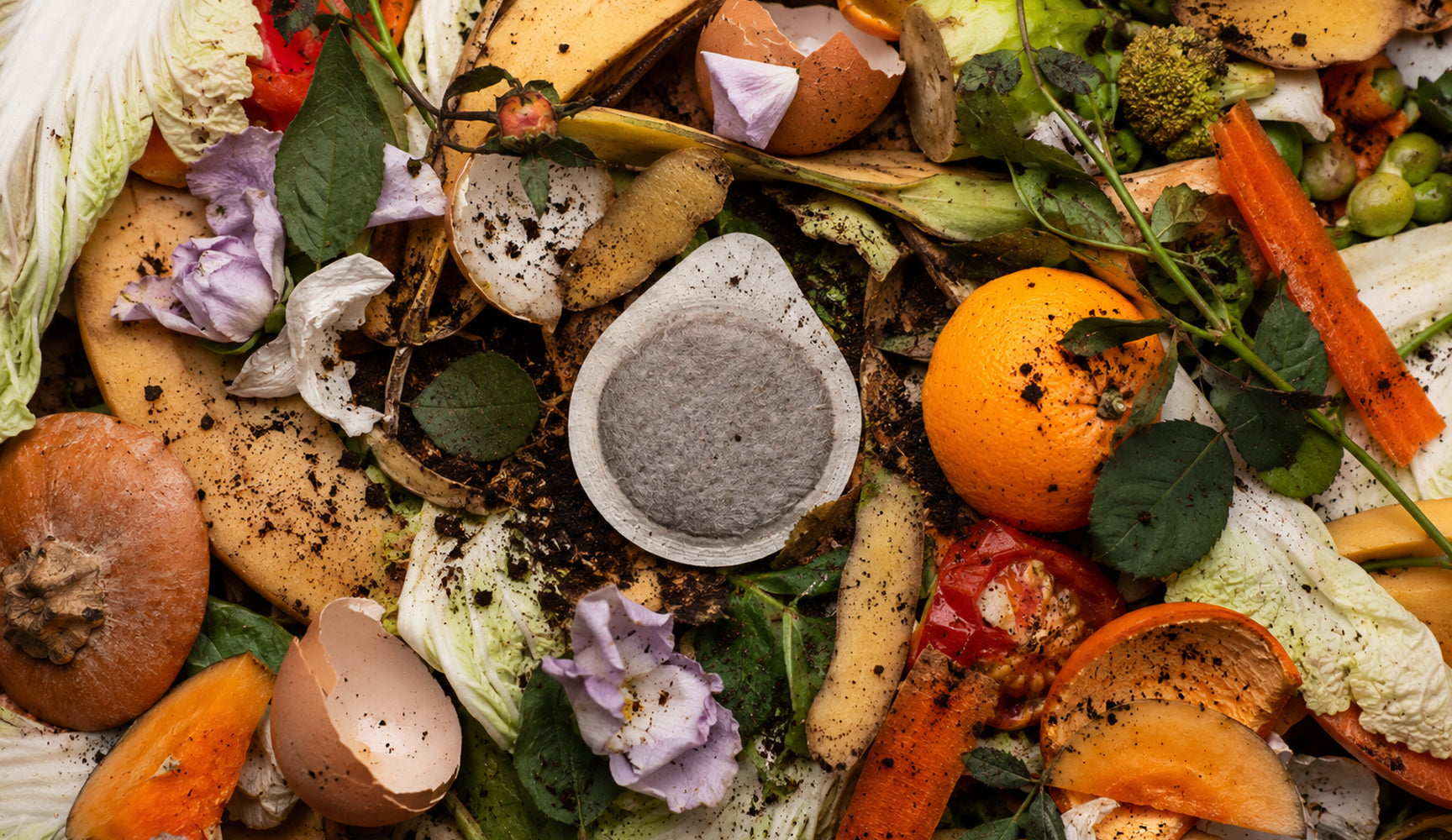A used ese paper pod lying in a file of food compost, you can see things such as banana peels, egg shells, various veges, and some dirt.