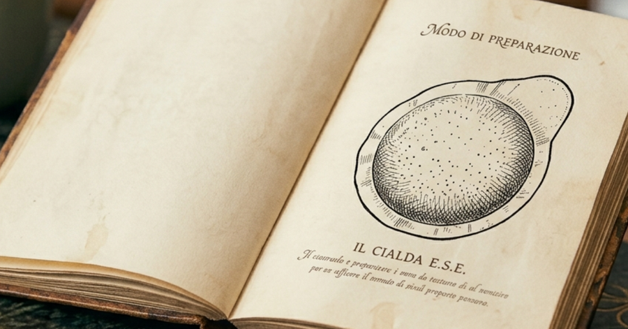 A historic looking book, with yellowing pages, a drawing of an ese paper pod in the center of the page, and some italian hand writing on the page.