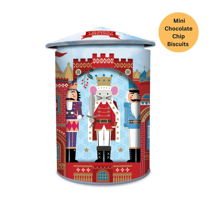 Rotating musical nutcracker tin with colorful soldier characters and round metal lid