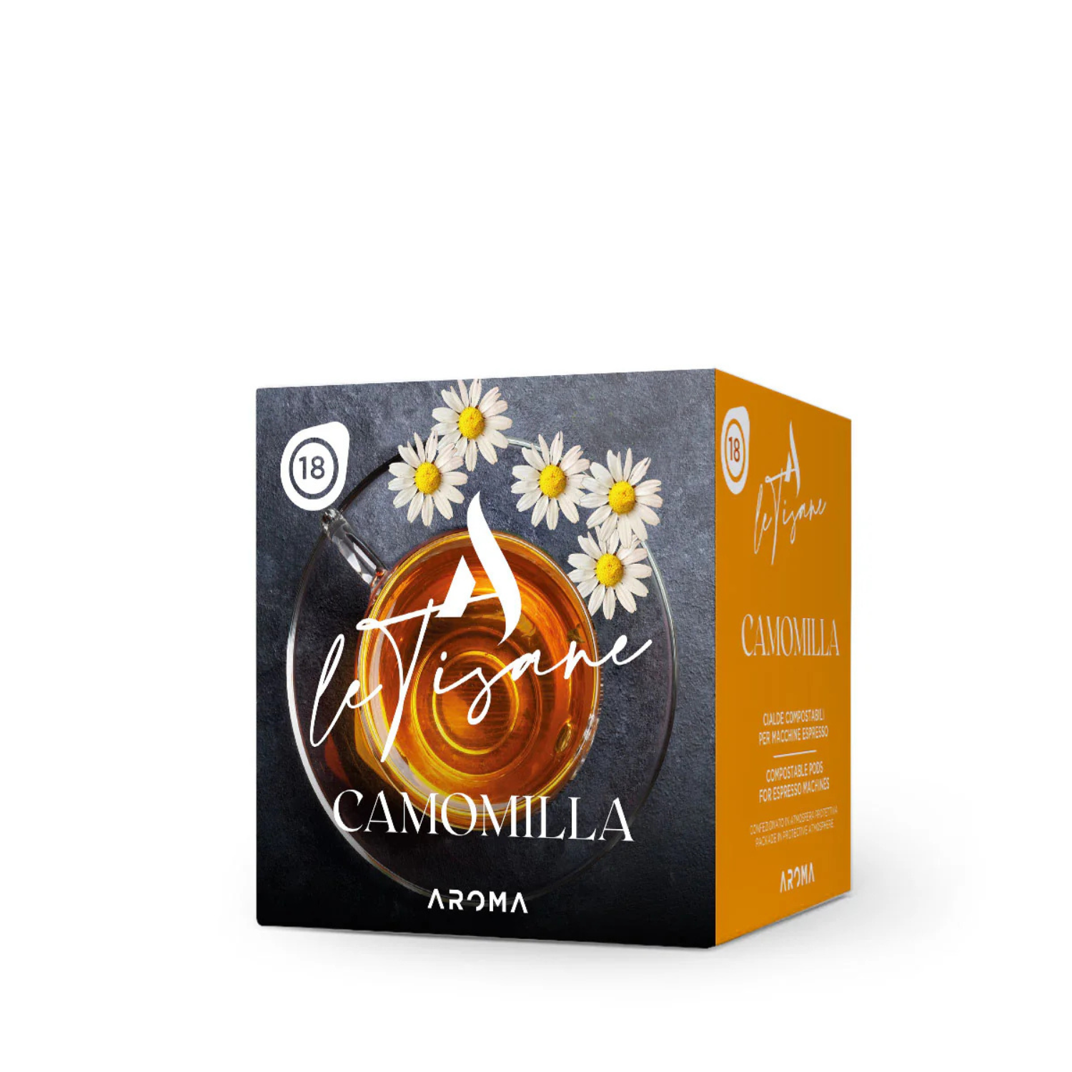 Camomilla aroma ESE tea pods carton, white daisies over dark background with orange side panel