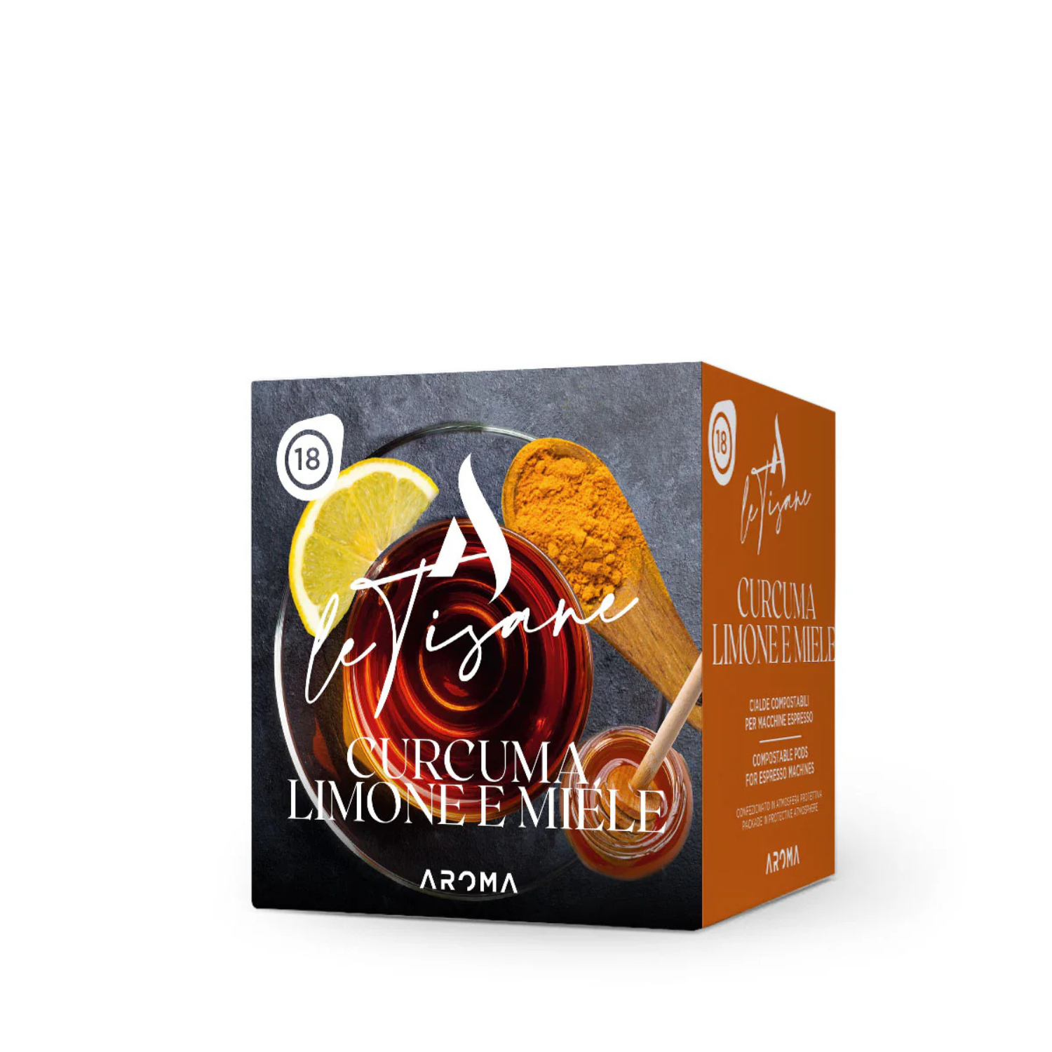 Turmeric Lemon Honey herbal tea ESE pods box, 18-count, with ingredient graphics