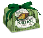 Pistachio panettone cake in green striped wrapper with green bow and branded label
