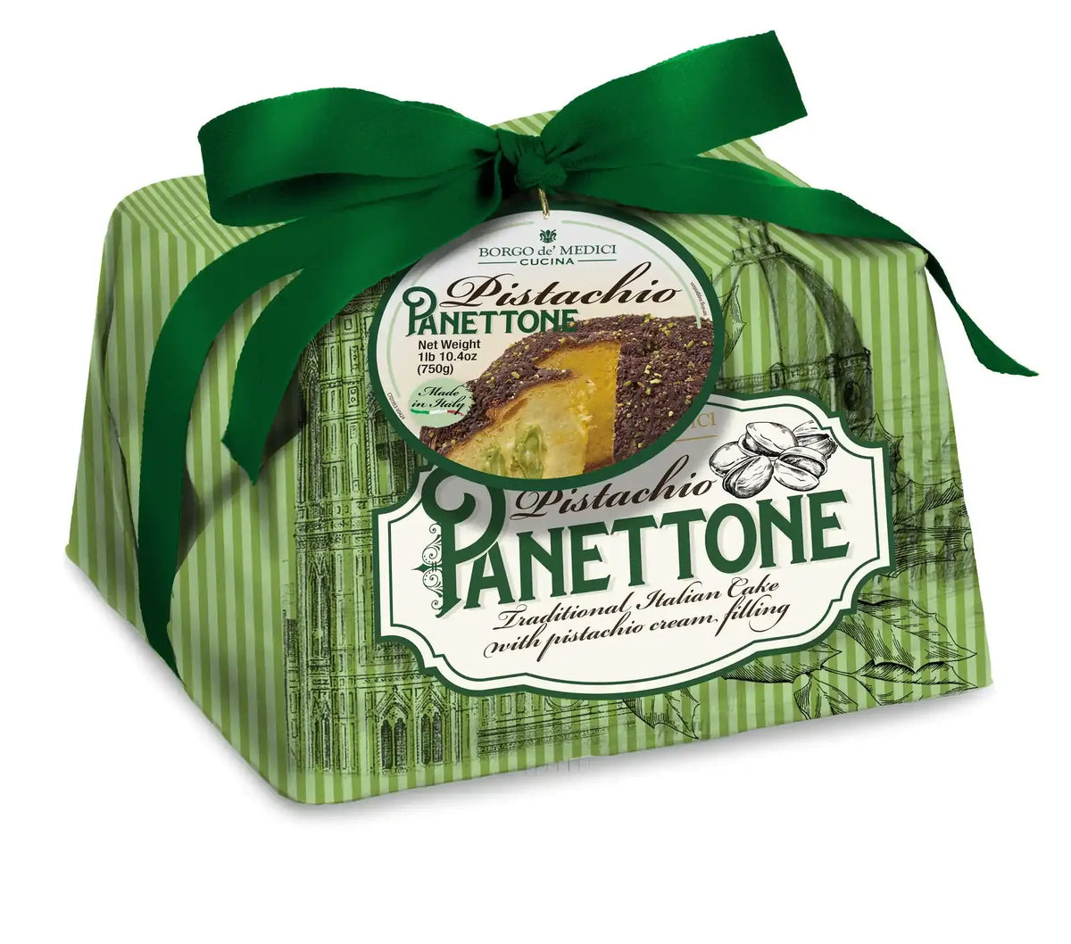 Pistachio panettone cake in green striped wrapper with green bow and branded label