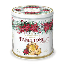 Panettone cake tin with white base and red poinsettia floral design