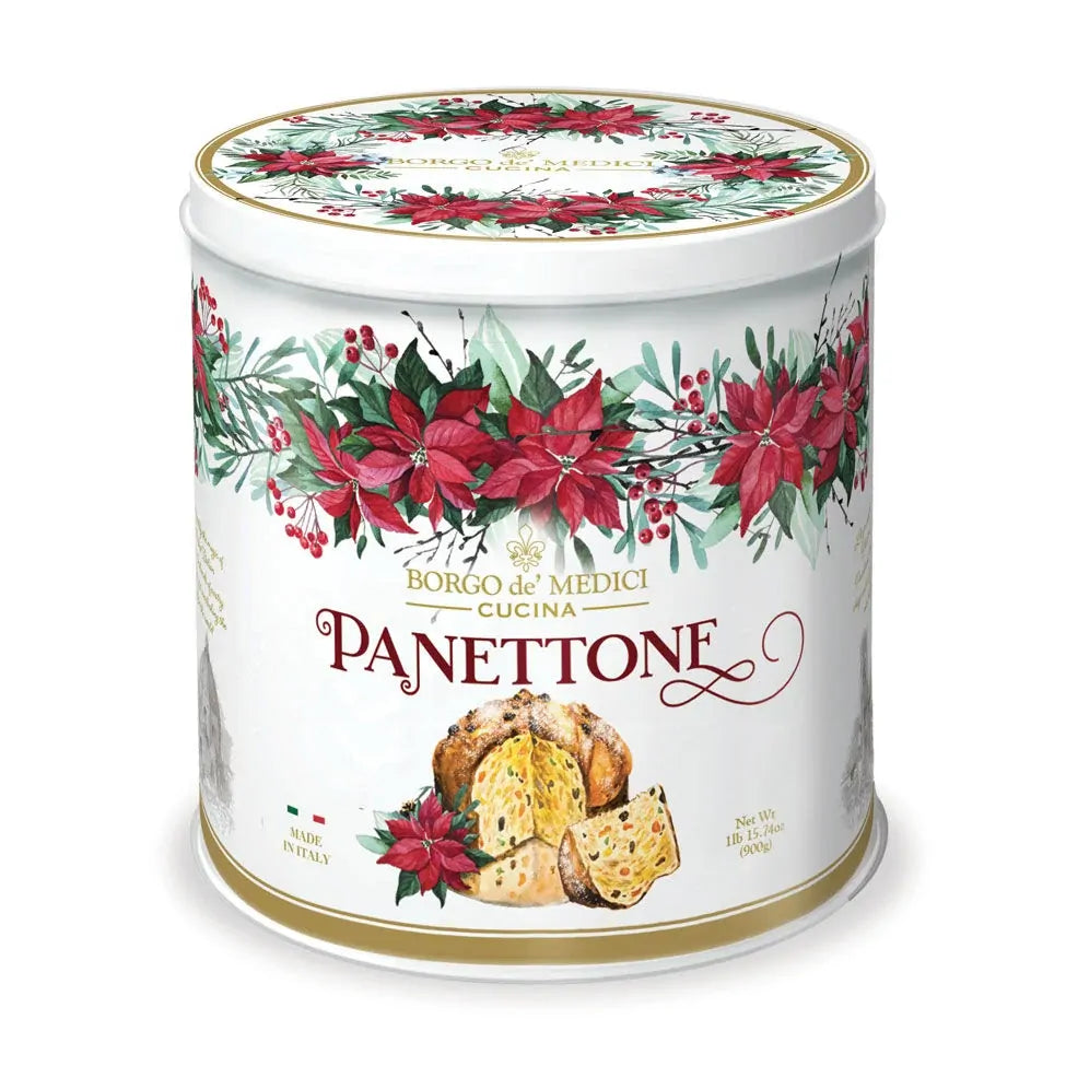 Panettone cake tin with white base and red poinsettia floral design