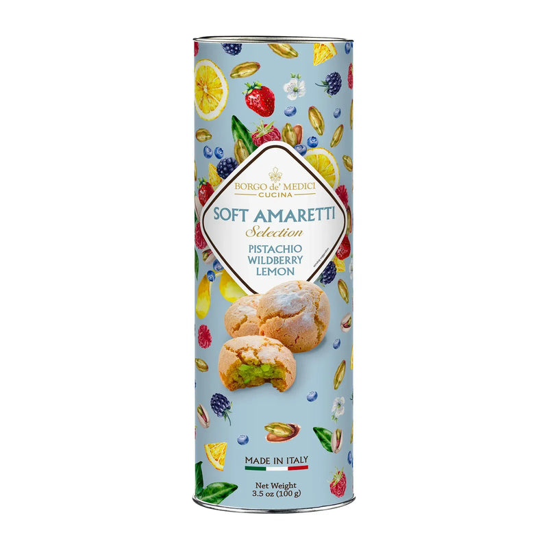 Soft amaretti cookie selection tube with colorful fruit pattern and cookie photo