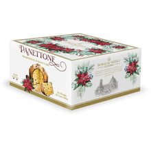Panettone cake gift box with floral lid and gold-toned base