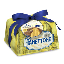 Limoncello panettone cake in yellow wrapper with blue bow and branded label