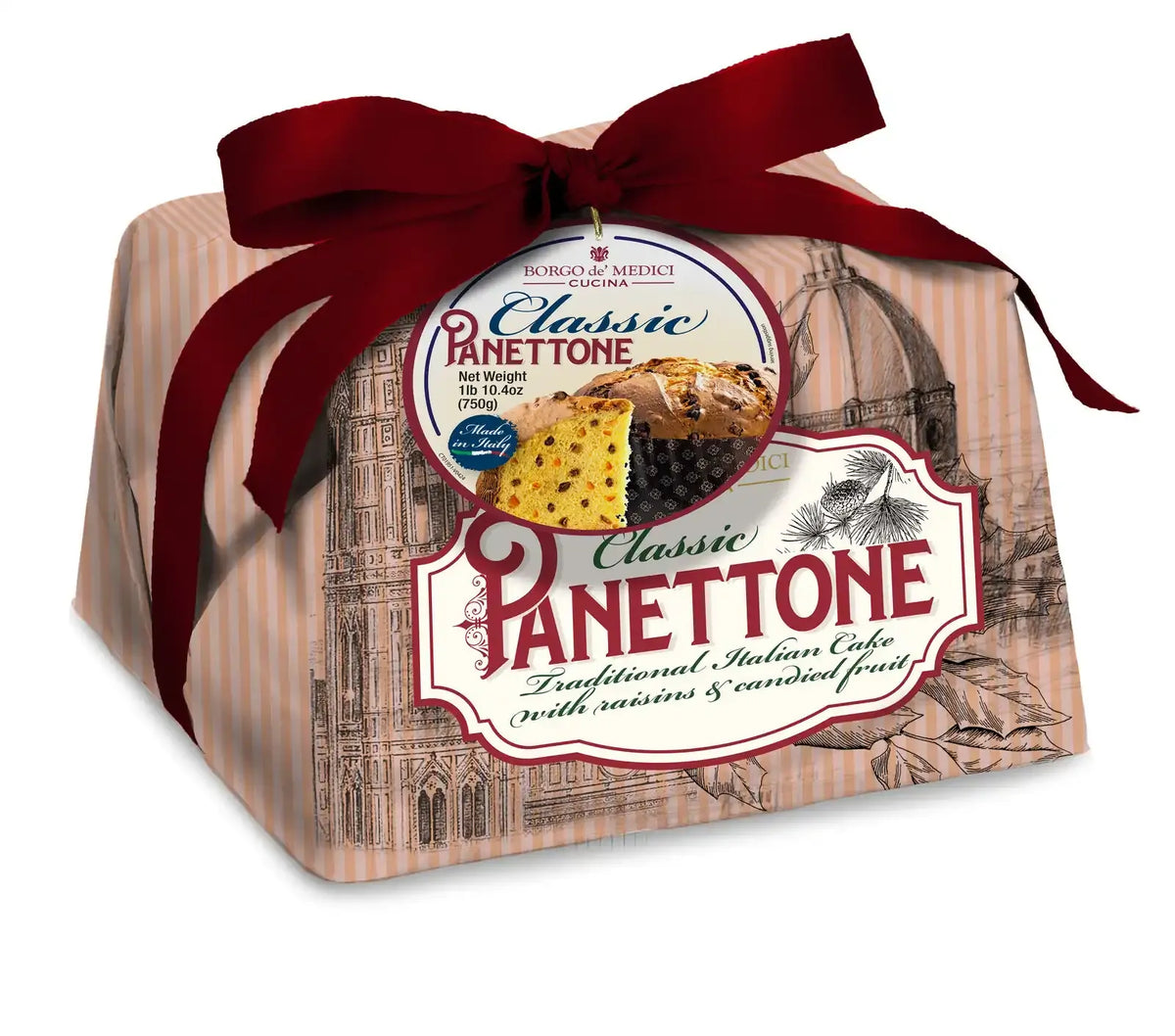 Classic panettone cake in beige wrapper with maroon bow and branded label