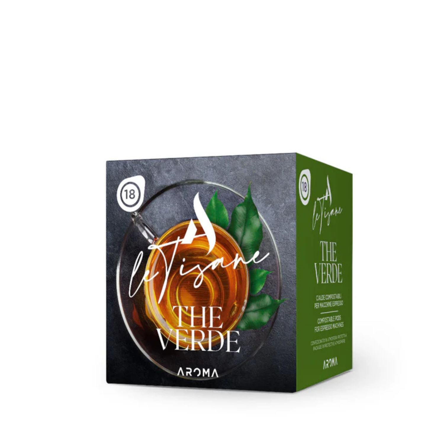 Green herbal tea ESE pod box with "THE VERDE" graphic and green leaves, angled