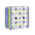 Square cookie tin with blue-and-white lemon and tile pattern
