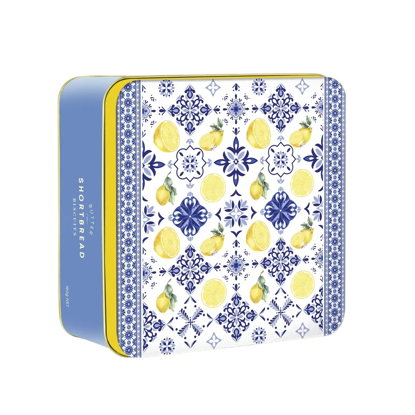 Square cookie tin with blue-and-white lemon and tile pattern