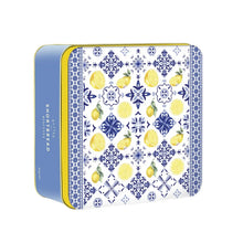 Square cookie tin with blue-and-white lemon and tile pattern
