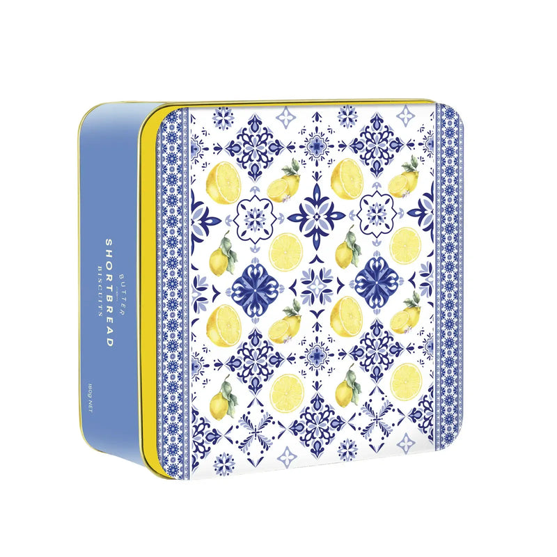 Square cookie tin with blue-and-white lemon and tile pattern