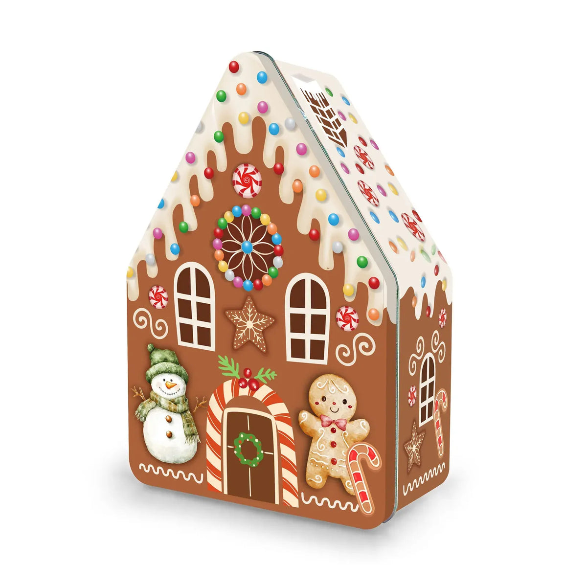 Christmas house shortbread tin shaped like a decorated gingerbread house with colorful sprinkles