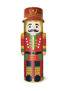 Nutcracker biscuit tin with red-and-green soldier design, round lid, front face