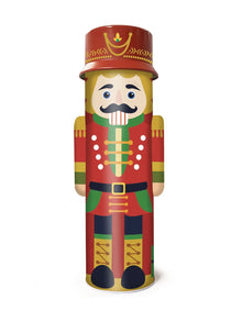Nutcracker biscuit tin with red-and-green soldier design, round lid, front face