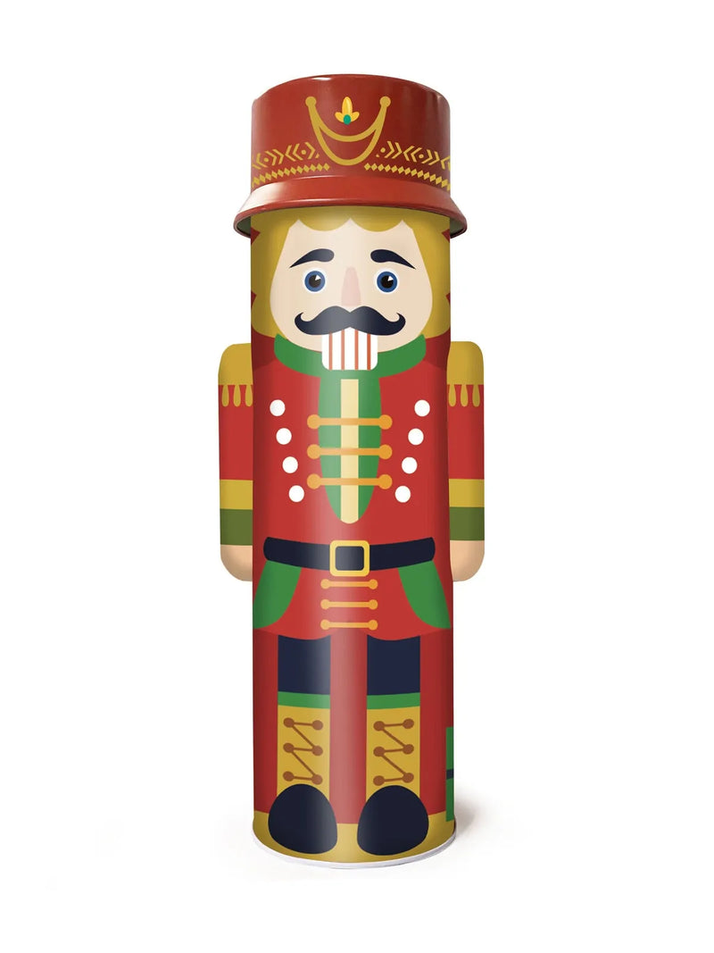 Nutcracker biscuit tin with red-and-green soldier design, round lid, front face