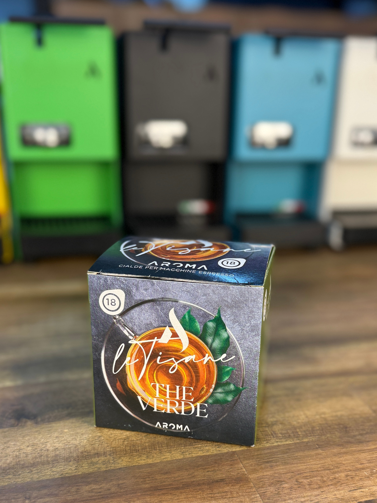 Green herbal tea ESE pod box, dark with green leaf and "THE VERDE" label