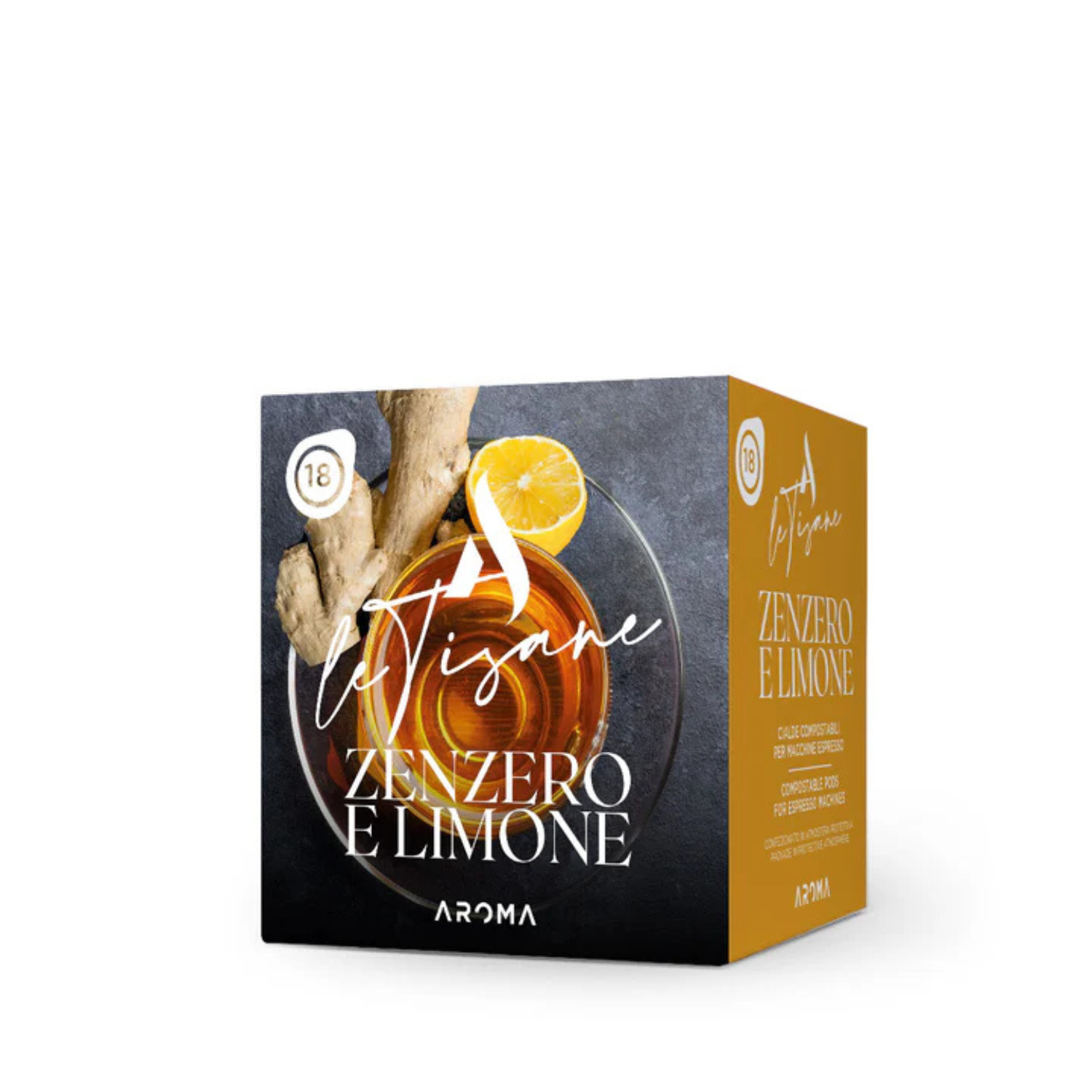 Ginger-lemon herbal tea ESE pods box, front and side view
