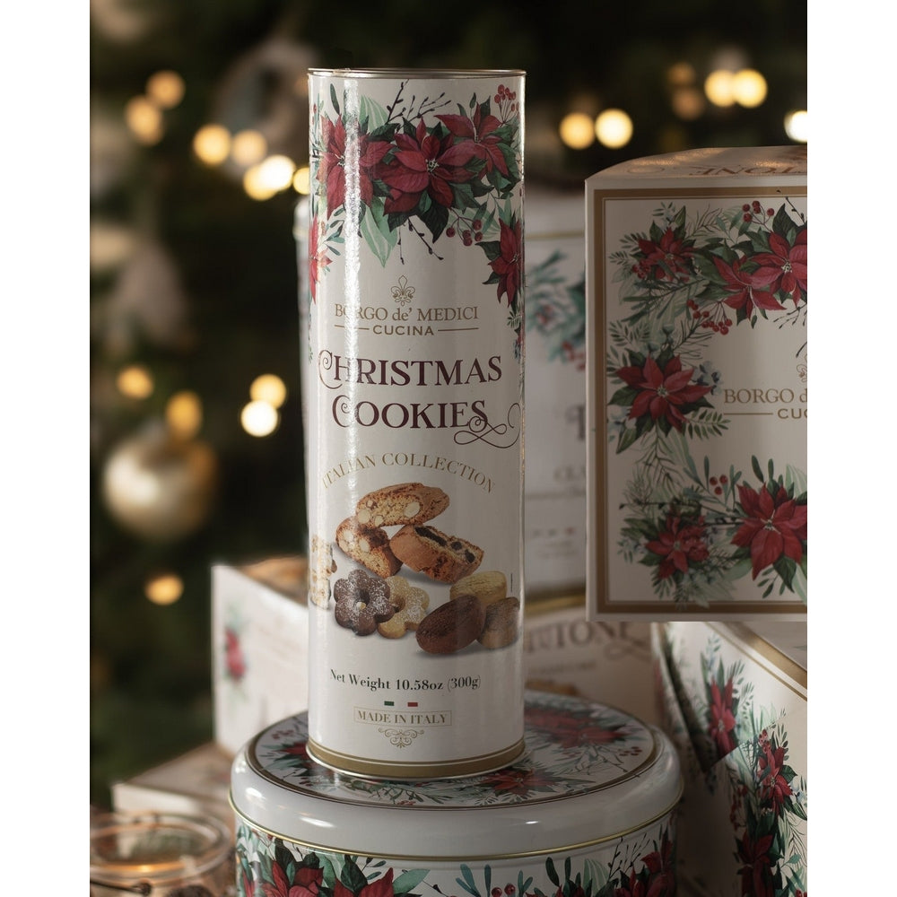 Borgo de Medici Christmas cookies tube, white with poinsettias and cookie photo