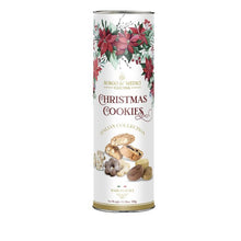 Borgo de Medici Christmas cookies tube, white with poinsettia pattern and cookie assortment