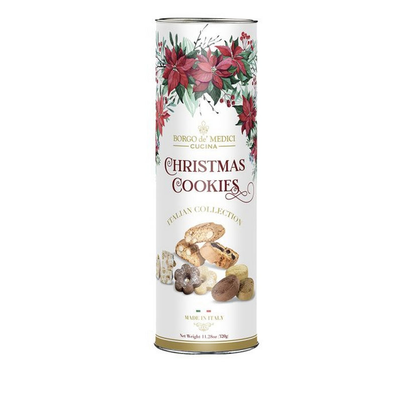 Borgo de Medici Christmas cookies tube, white with poinsettia pattern and cookie assortment