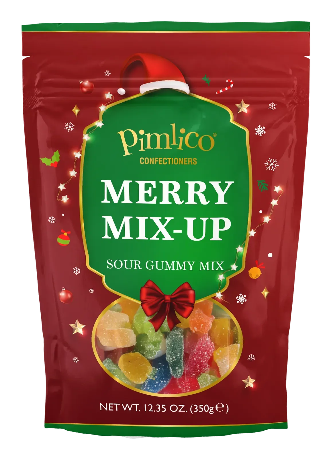 Pimlico Merry Mix-Up gummy mix pouch bag, red with green label, 350g