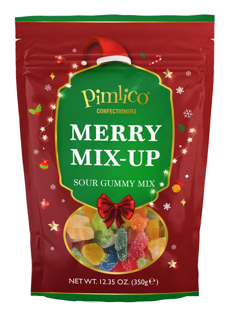 Pimlico Merry Mix-Up gummy mix pouch bag, red with green label, 350g