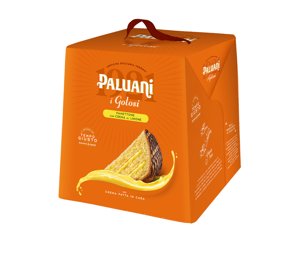 Paluani panettone lemon cream 750g gift box with sliced cake graphic