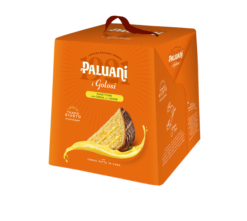 Paluani panettone lemon cream 750g gift box with sliced cake graphic