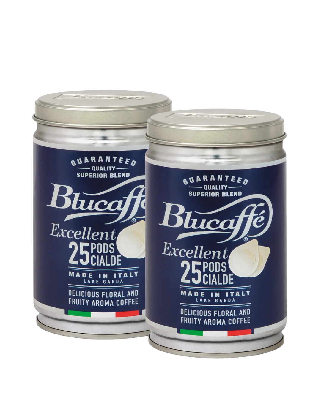 Lucaffé Blucaffè ESE pods in two navy tins, 25 pods each, made in Italy