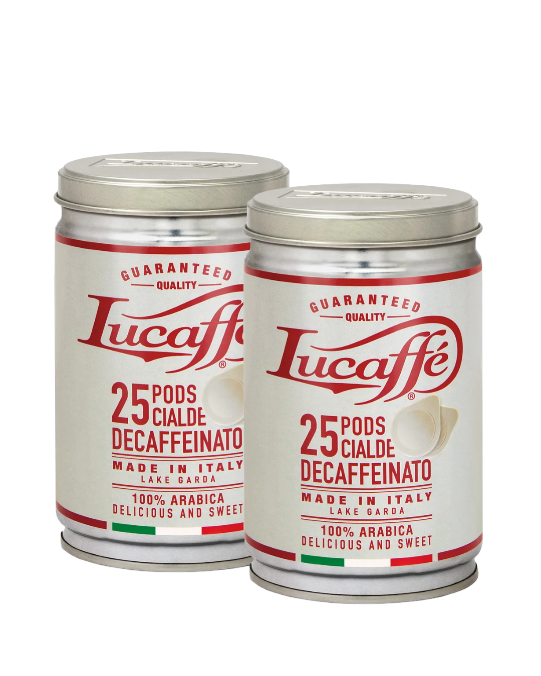 Lucaffé Decaffeinato 100% Arabica ESE coffee pods, two 25-pod tins