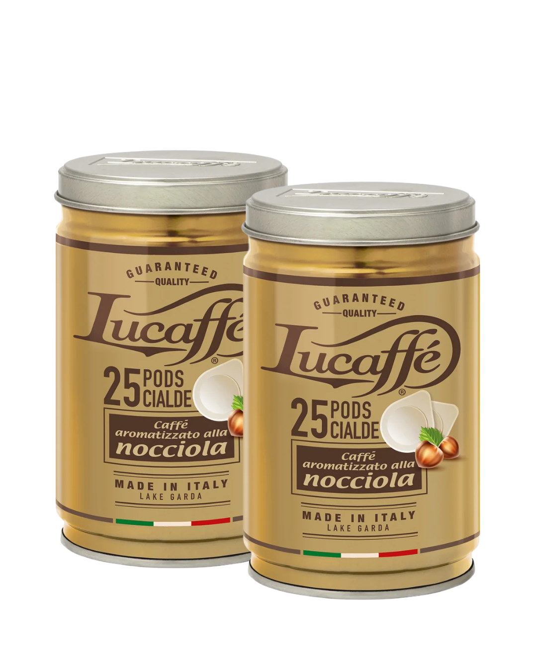 Lucaffé Caffè alla Nocciola coffee pod tins, two 25-pod cans