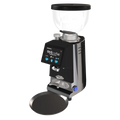 Black coffee grinder with stainless accents, clear hopper, digital display, dosing port