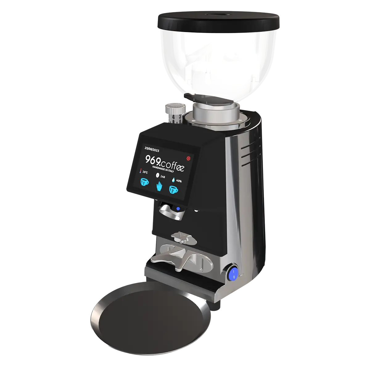 Black coffee grinder with stainless accents, clear hopper, digital display, dosing port