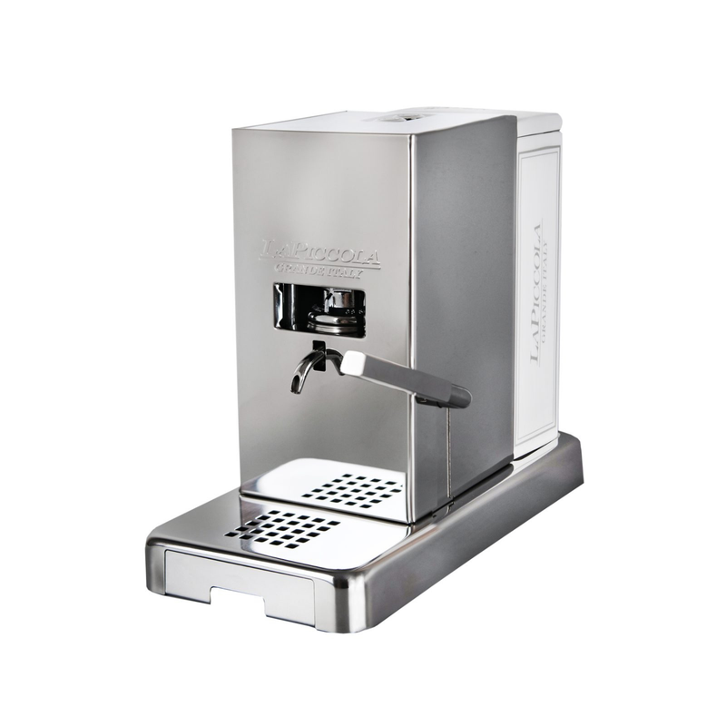 Stainless steel coffee pod espresso machine with chrome lever and drip tray