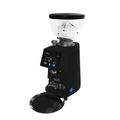 Black coffee grinder with clear hopper, digital display, and metal dosing port