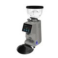 Grey metal coffee grinder with clear hopper, digital display, and metal dosing port