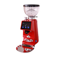 Red coffee grinder with clear hopper, digital display, and metal dosing port