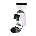 White coffee grinder with clear hopper, digital display, and metal dosing port