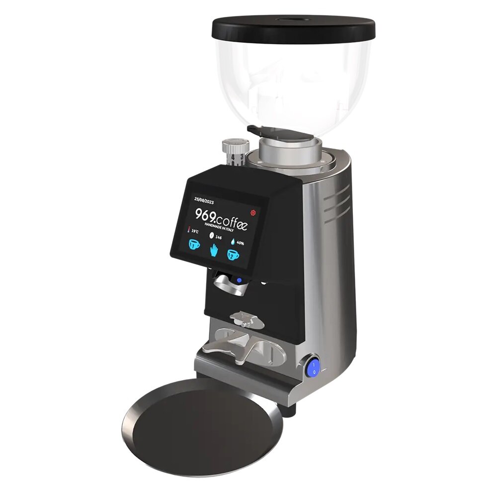 Black coffee grinder with stainless side panels, clear hopper, digital display, dosing port