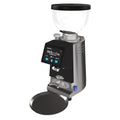 Black coffee grinder with stainless side panels, clear hopper, digital display, dosing port