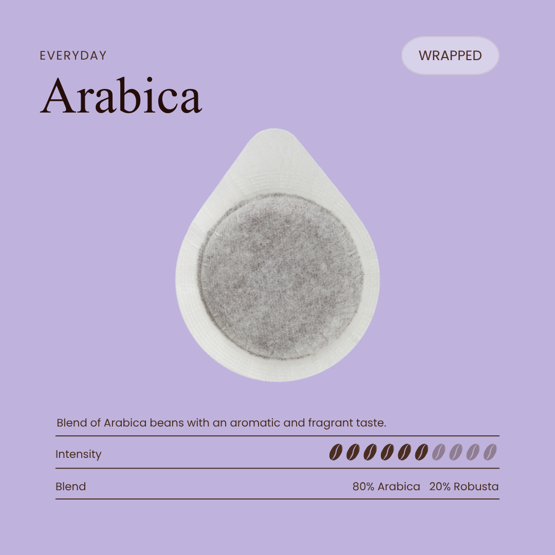 Arabica coffee pod, round filter disc in white outer sleeve