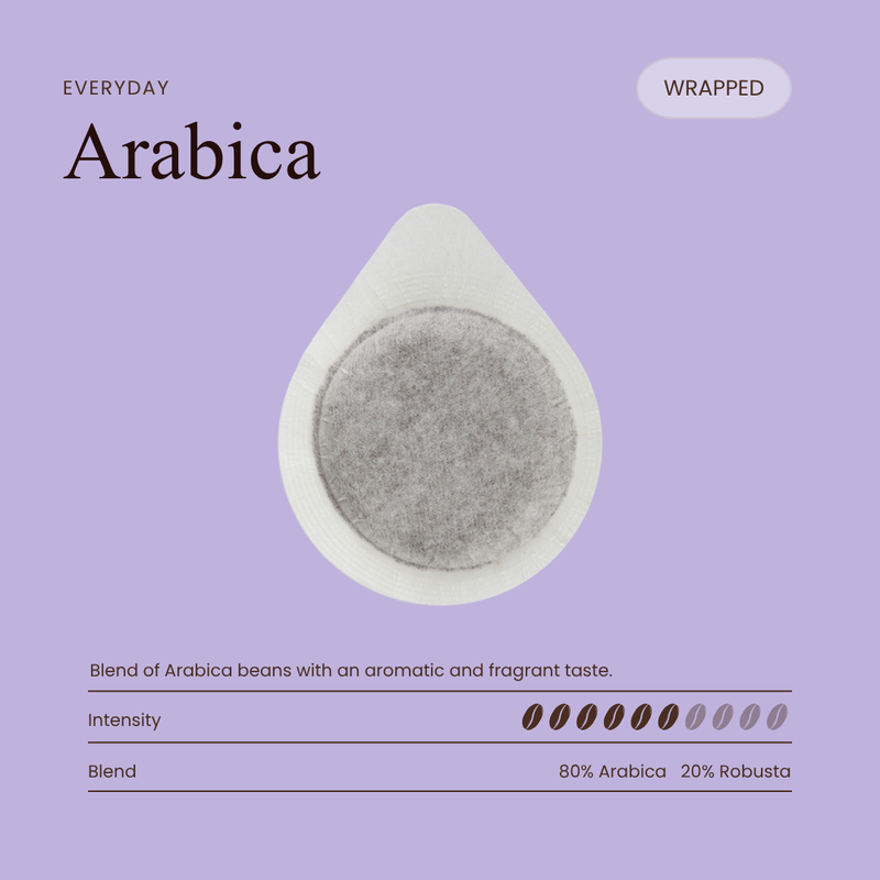 Arabica coffee pod, round filter disc in white outer sleeve