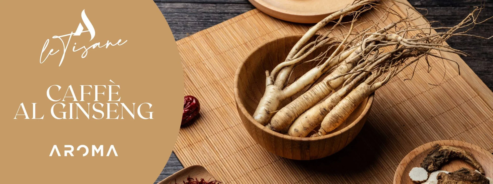 Ginseng coffee pods box panel with ginseng roots in a wooden bowl