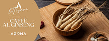 Ginseng coffee pods box panel with ginseng roots in a wooden bowl
