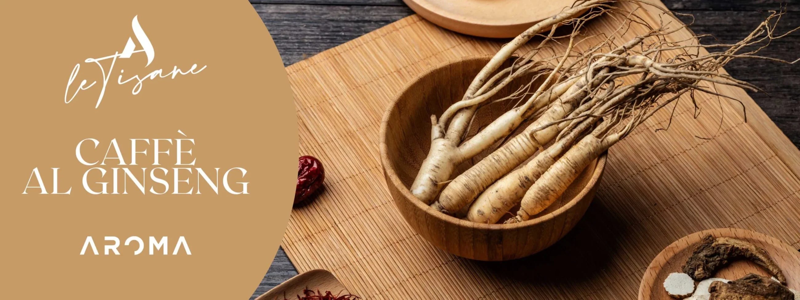 Ginseng coffee pods box panel with ginseng roots in a wooden bowl